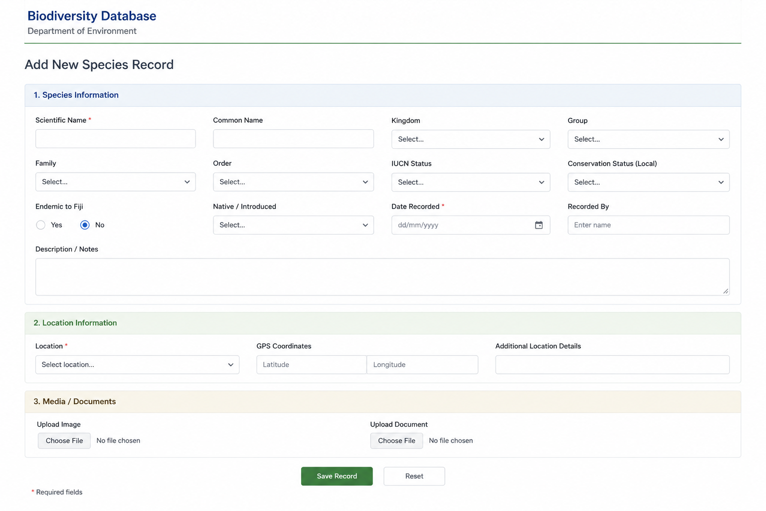 Biodiversity Database species record entry form