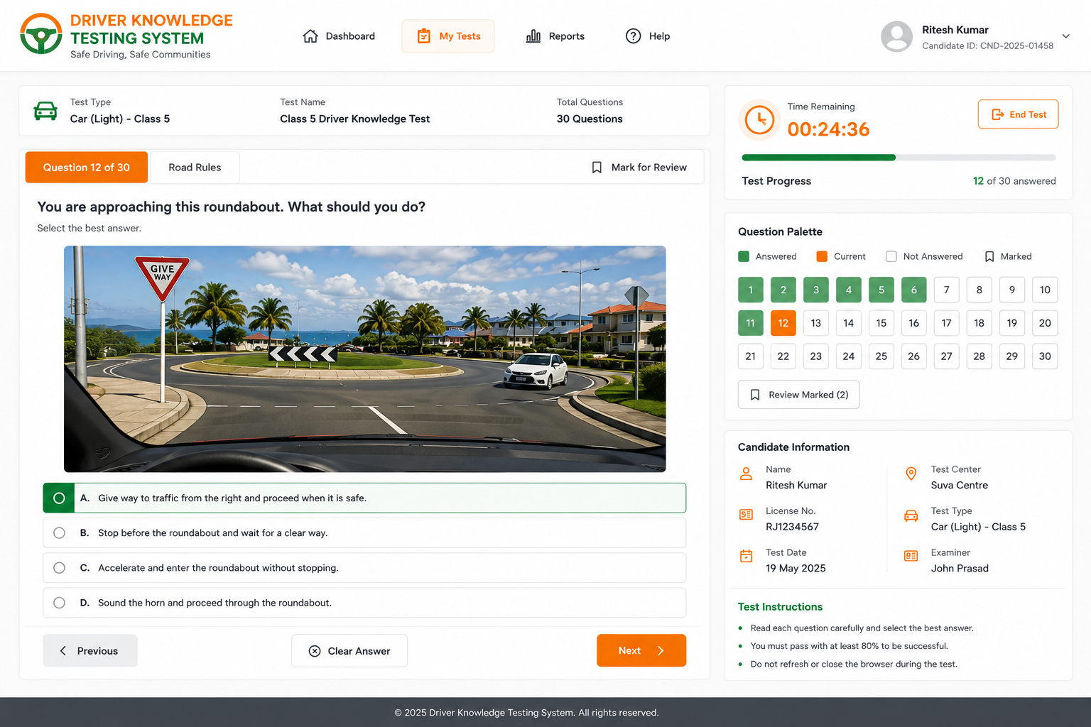 Driver Knowledge Testing System test-taking interface