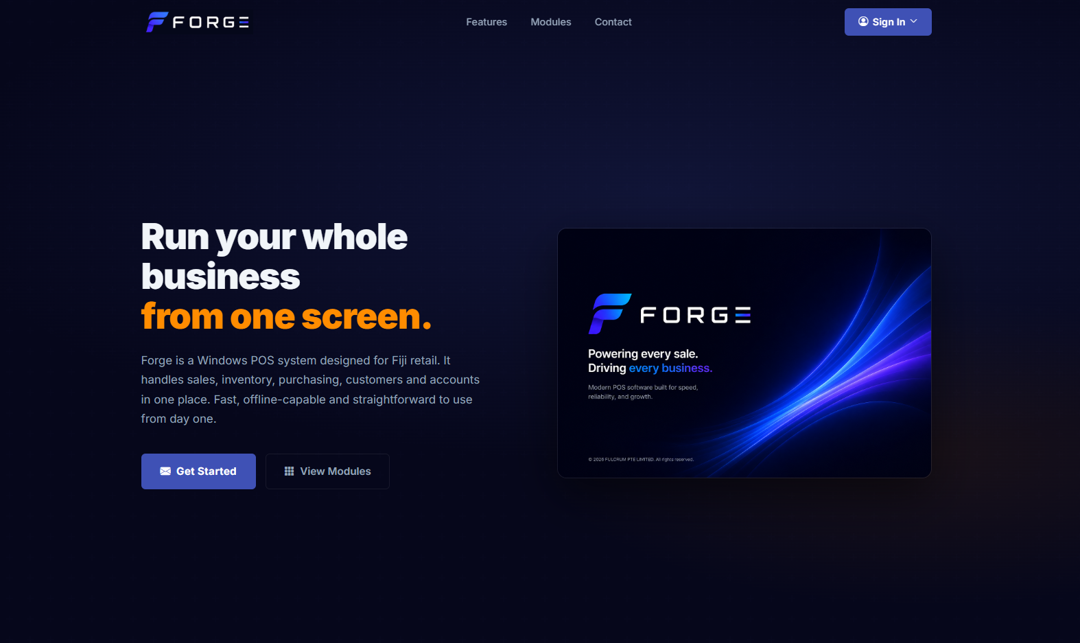 FORGE ERP and POS platform landing page